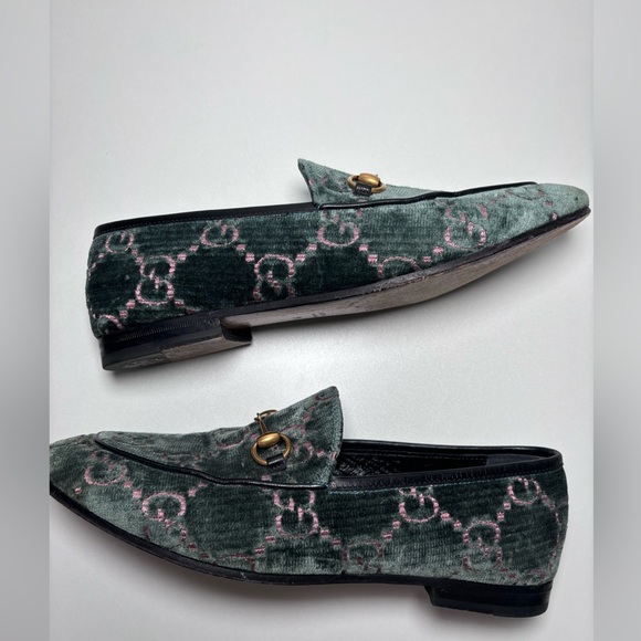 GUCCI Authentic GG Velvet Embossed Slip On Horsebit Loafers Size 39 Green Pink - Picture 11 of 15